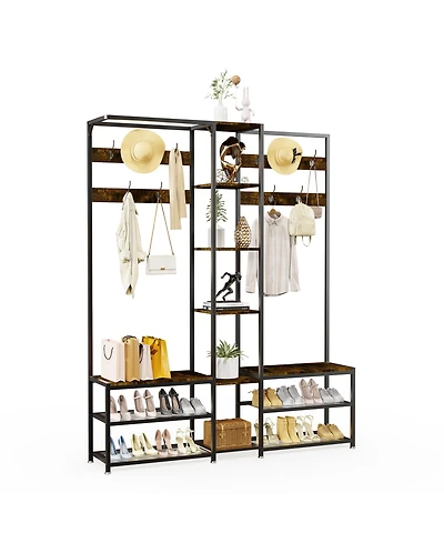 Unho 6 in 1 Coat Rack Shoe Bench Coat Rack Hall Tree with Bench Entryway Corner Coat Stand Large Organizer