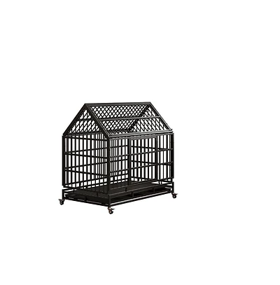 Aostirmotor Black Metal 48 in. Heavy Duty Dog Crate with Wheels, Folding Big Dog Cage with a pointed roof and Removable Tray