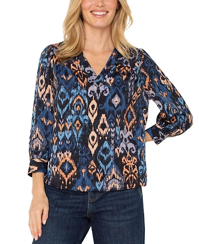 Liverpool Los Angeles Women's 3/4-Sleeve V-Neck Woven Top