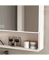 Casainc 35" 28 Inch Aluminum Mirror Cabinet with 3-Color Led and Defogging Feature - Khaki