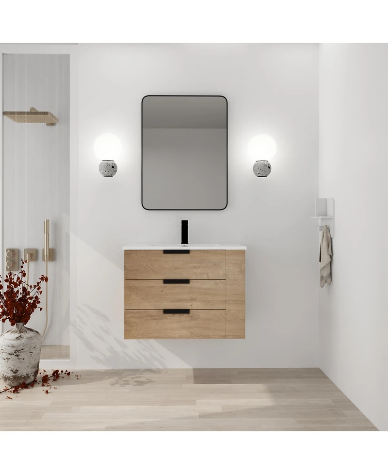 Casainc 30 Inch Wall-Mounted Vanity with Sink, Soft-Close Drawer, and Side Storage Shelf