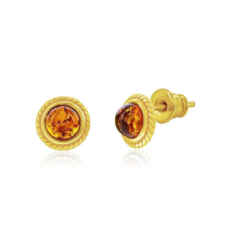 Caribbean Treasures Sterling Silver, Round Amber, Designed Outline Studs - Gold Plated