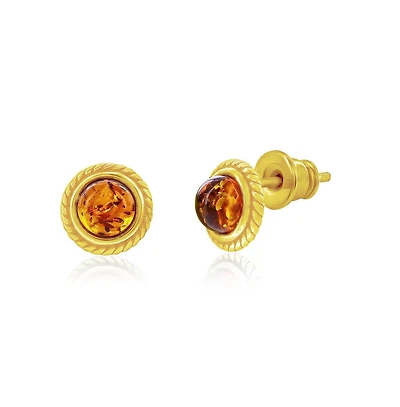 Caribbean Treasures Sterling Silver, Round Amber, Designed Outline Studs - Gold Plated