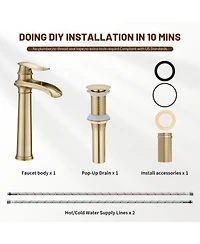 Waterfall Single Hole Handle Bathroom Vessel Sink Faucet With Pop-up Drain Assembly Matte Black & Gold