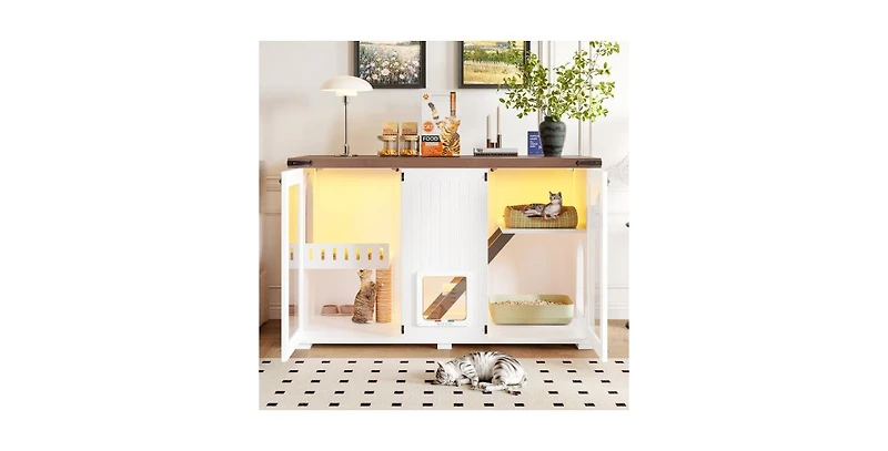 Aostirmotor Large Cat Litter Box Enclosure with Led Stairs Scratcher White