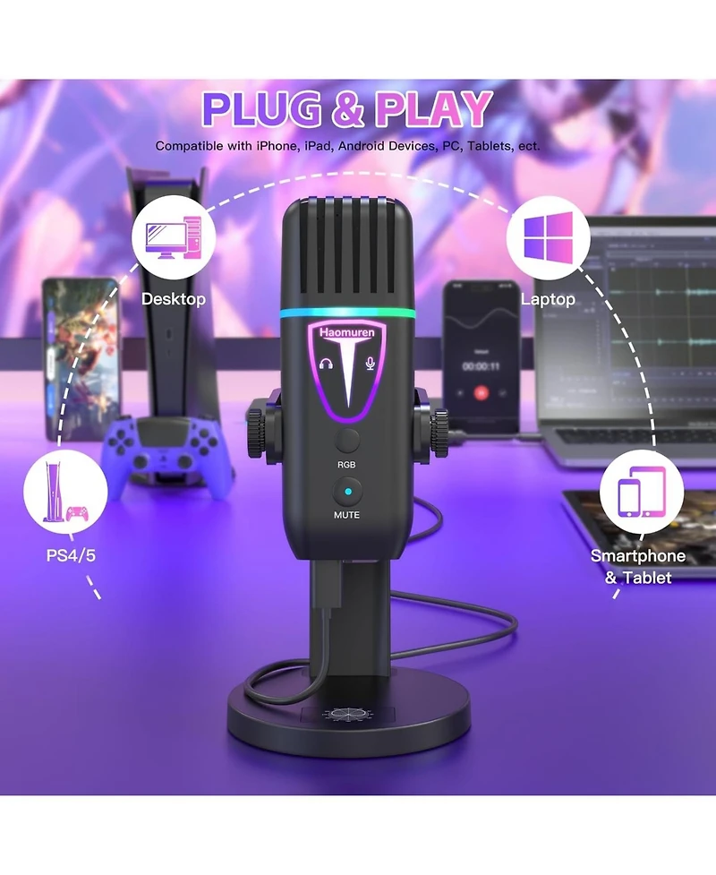 ZealSound Microphone for iPhone,Noise Cancel Usb Microphone for Pc Computer Type C Phone,Touch Mute Rgb Volume Echo Control Mic for Asmr Recording Str