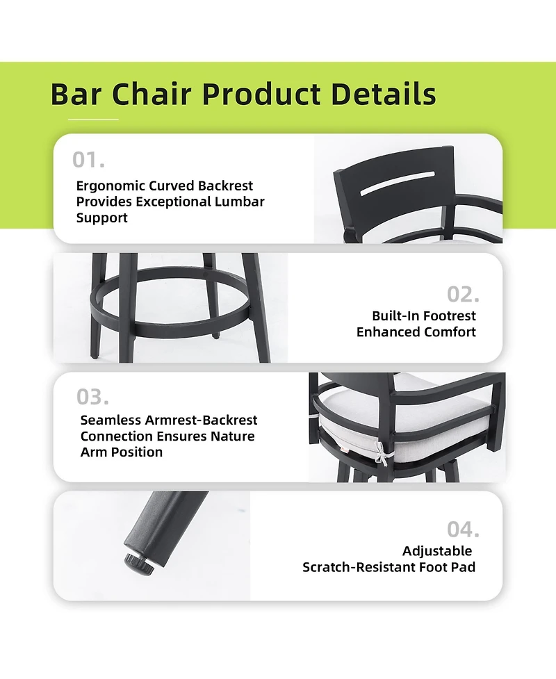 Flynama Modern 2-Piece Aluminum Swivel Bar Chair Set with Sunbrella Cushions