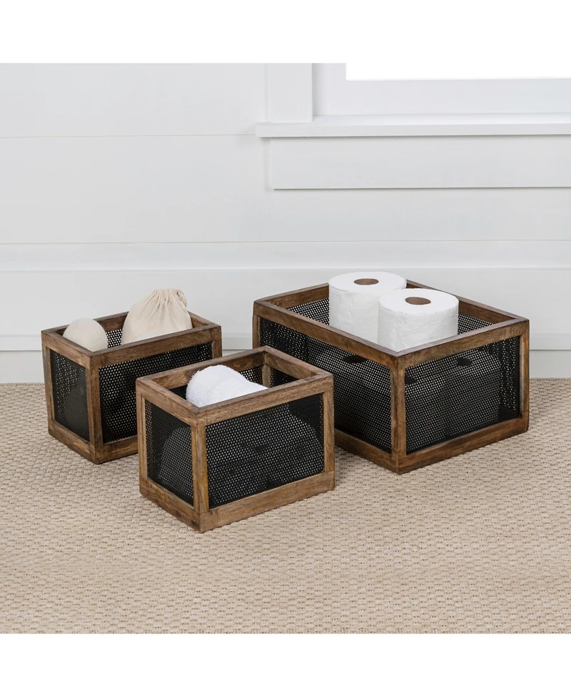 Fallon Modern Minimalist Handmade Wooden Metal Nesting Storage Baskets, (Set of 3)