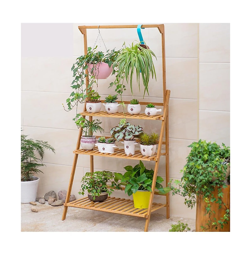 Unho 3 Tier Bamboo Hanging Folding Plant Shelf Stand Flower Pot Display Rack Bookcase