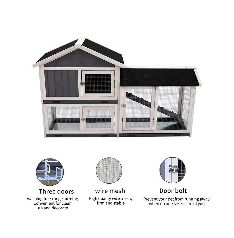 Aostirmotor Outdoor Gray Wood Pet House with Run and Deeper No Leak Tray Removable Bottom Wire Mesh for Small Animals