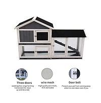 Aostirmotor Outdoor Gray Wood Pet House with Run and Deeper No Leak Tray Removable Bottom Wire Mesh for Small Animals