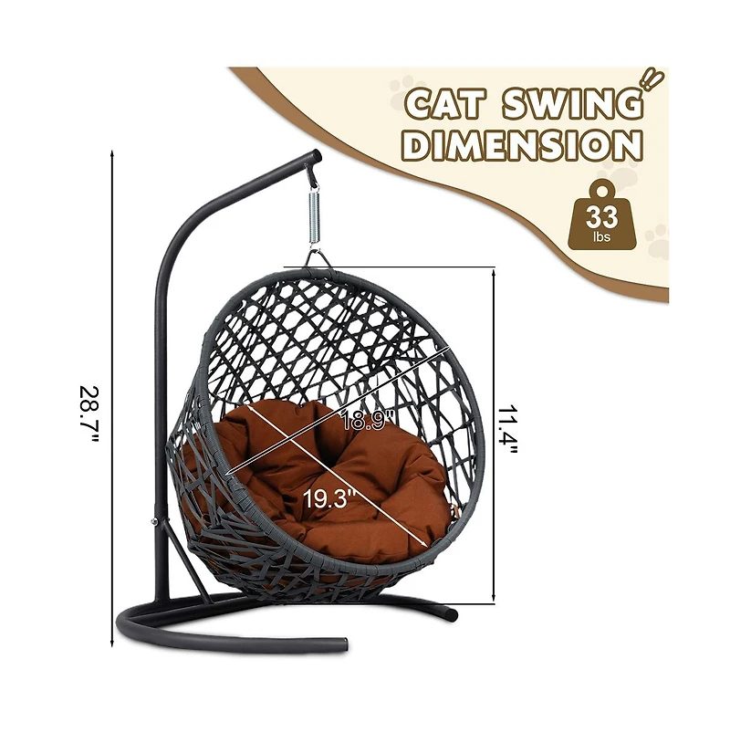 Aostirmotor Rattan Wicker Cat Swing Bed with Stand and Cushion Hanging Swinging Cat Bed for Cats and Small Animals