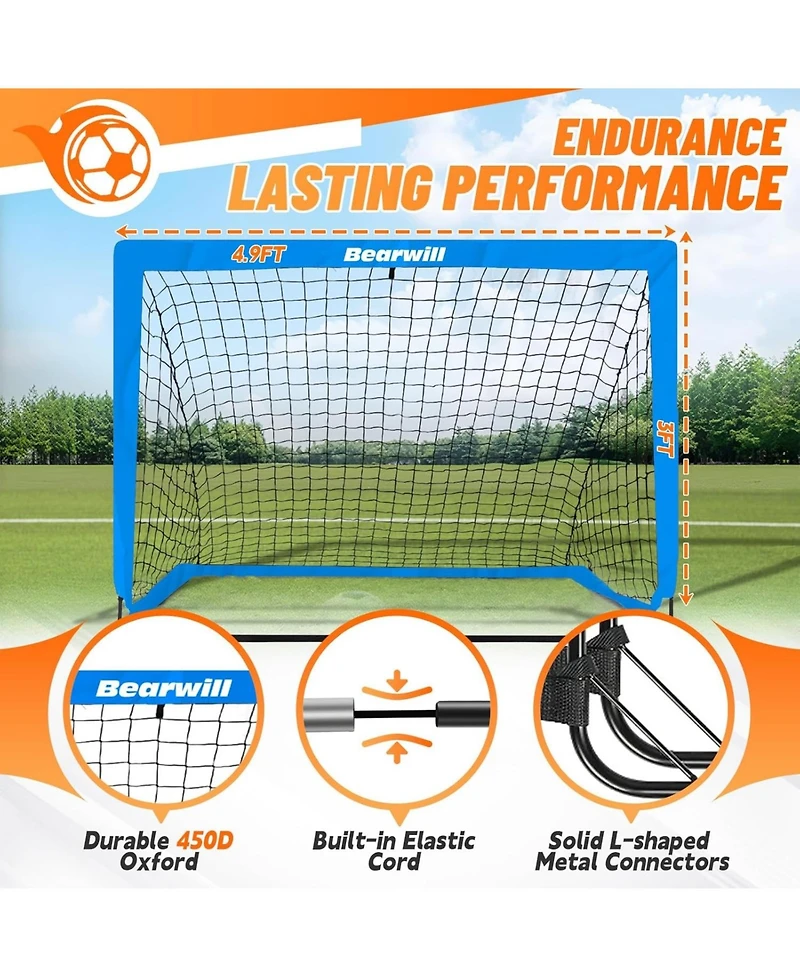 Bearwill Kids Soccer Goal Set of 2, 4x3FT Pop Up Backyard Goals with Training Kit - Includes Ball, Cones
