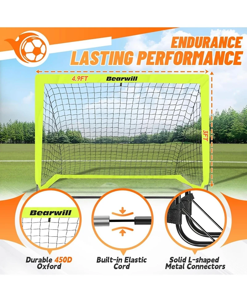 Bearwill Kids Soccer Goal Set of 2, 4x3FT Pop Up Backyard Goals with Training Kit - Includes Ball, Cones