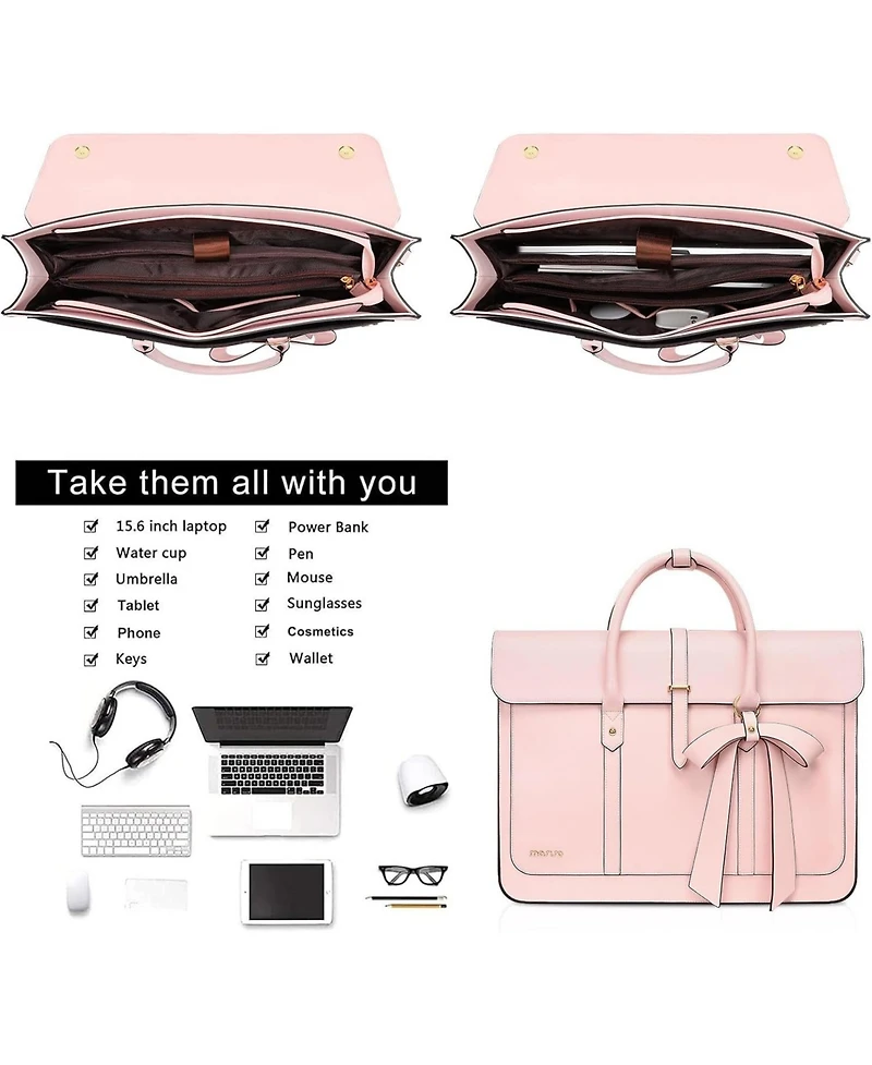 Mosiso Pink Pu Leather Laptop Bag for Women - 15-15.6 Inch Convertible Backpack & Messenger Bag, 16 Inch Work Briefcase with Bowknot
