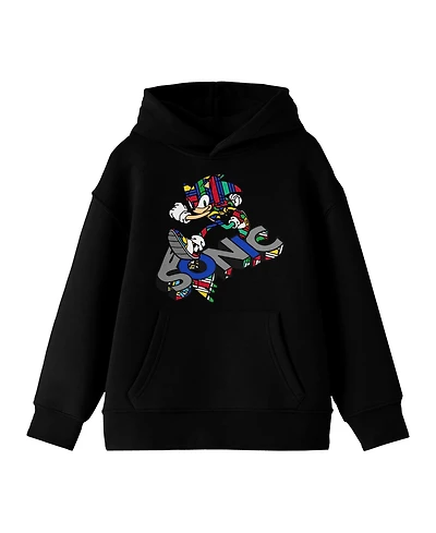 Sonic The Hedgehog Modern Pop Dimension Color Art Long Sleeve Youth Black Hooded Sweatshirt-Medium