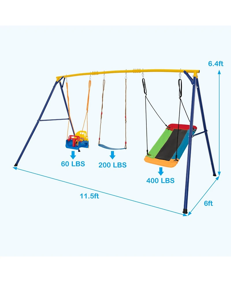 Akiudex 3-in-1 Kids Swing Set with Adjustable Toddler Seat Platform and Belt Swings