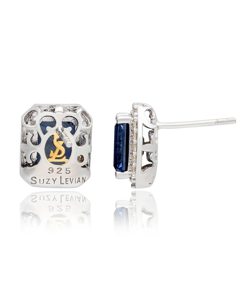 Suzy Levian Sterling Silver Emerald Cut Sapphire & Created White Halo Stud Earrings