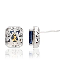 Suzy Levian Sterling Silver Emerald Cut Sapphire & Created White Halo Stud Earrings