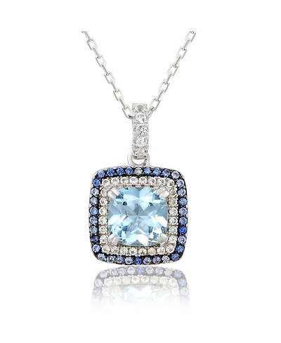 Suzy Levian Sterling Silver Cushion Cut Topaz And Sapphire Double Halo Pendant