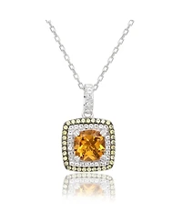 Suzy Levian Sterling Silver Cushion Cut Topaz And Sapphire Double Halo Pendant
