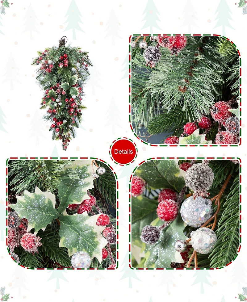 Glitzhome 28" Christmas Pomegranate Berry and Holy Leaf Teardrop