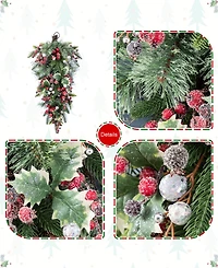 Glitzhome 28" Christmas Pomegranate Berry and Holy Leaf Teardrop