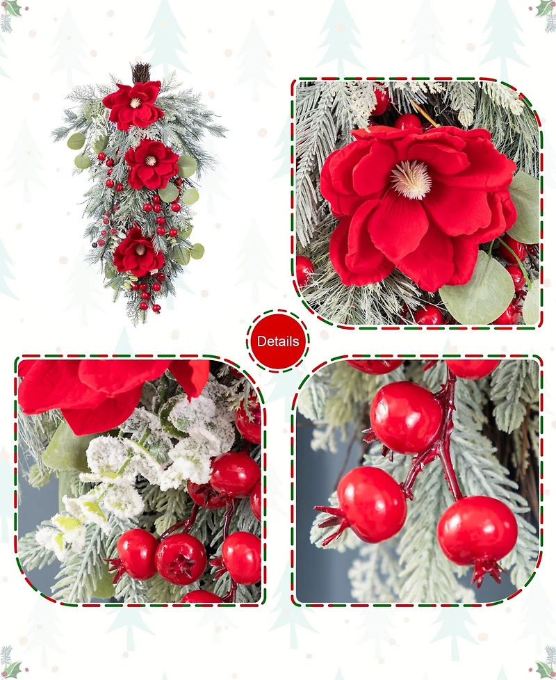 Glitzhome 28" Christmas Mangnolia Berry Teardrop