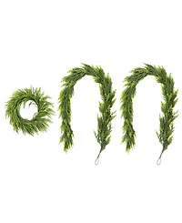 Glitzhome Christmas Greenery Dripping Wreath and Matched Garlands, Set of 3