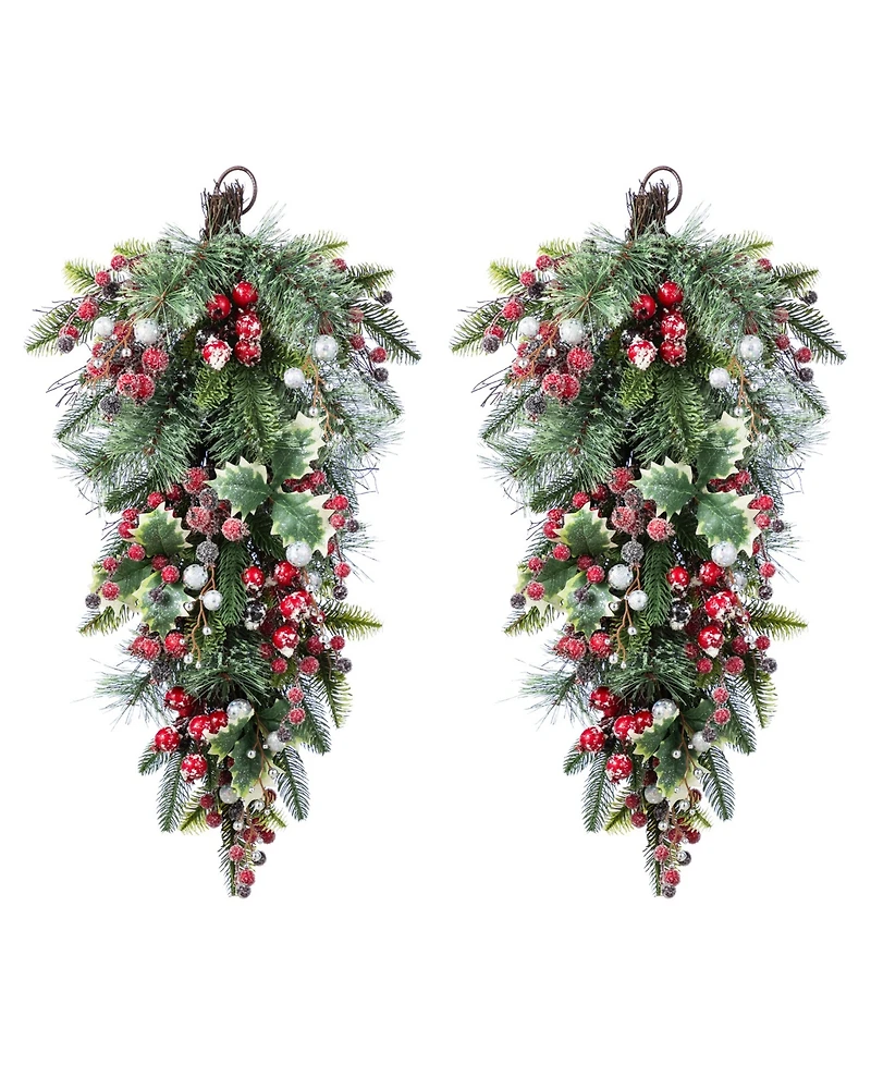 Glitzhome Christmas Pomegranate Berry and Holy Leaf Teardrops, Set of 2