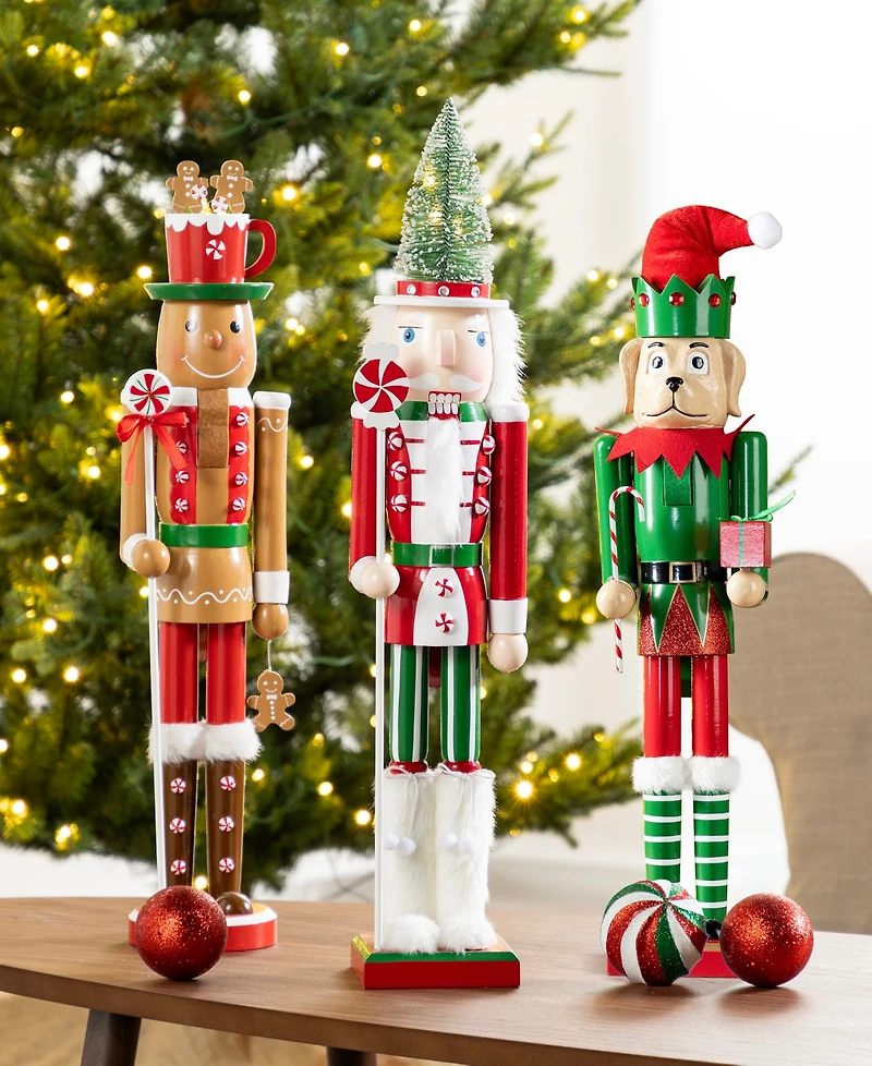 Glitzhome Wooden Christmas Green Brush Tree, Gingerbread Man and Elf Dog Nutcracker, Set of 3