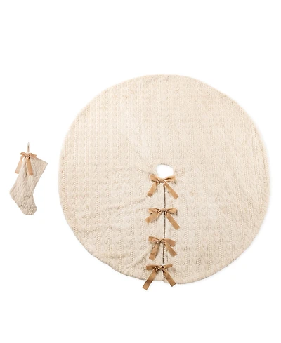 Glitzhome Twisted Faux Marten Fur Christmas Tree Skirt and Stocking with Bow, Set of 2