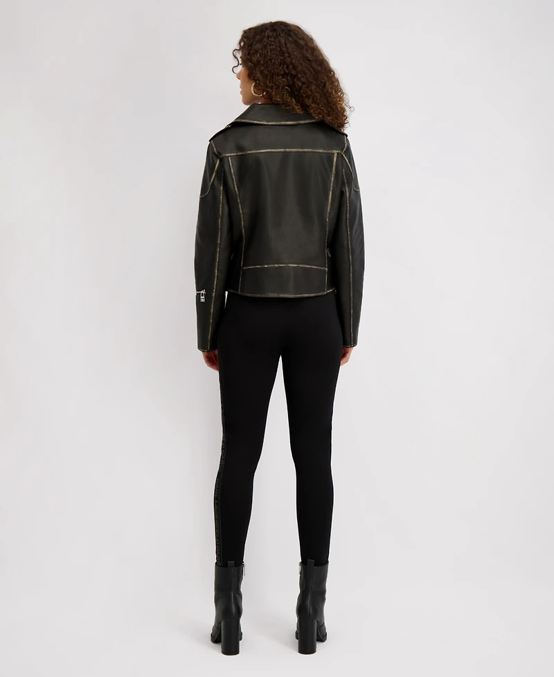 Karl Lagerfeld Paris Women's Asymmetric Faux Leather Belted Moto Coat, Created for Macys