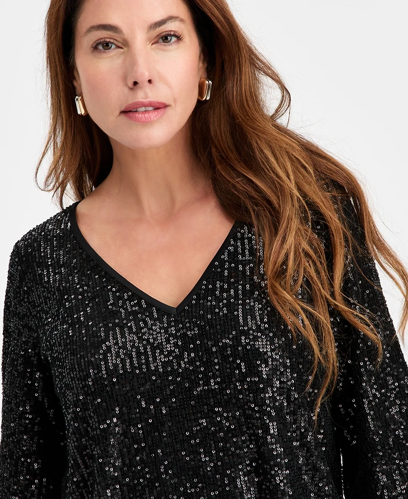 Jm Collection Women's Sequinned 3/4-Sleeve Top, Macy's Exclusive