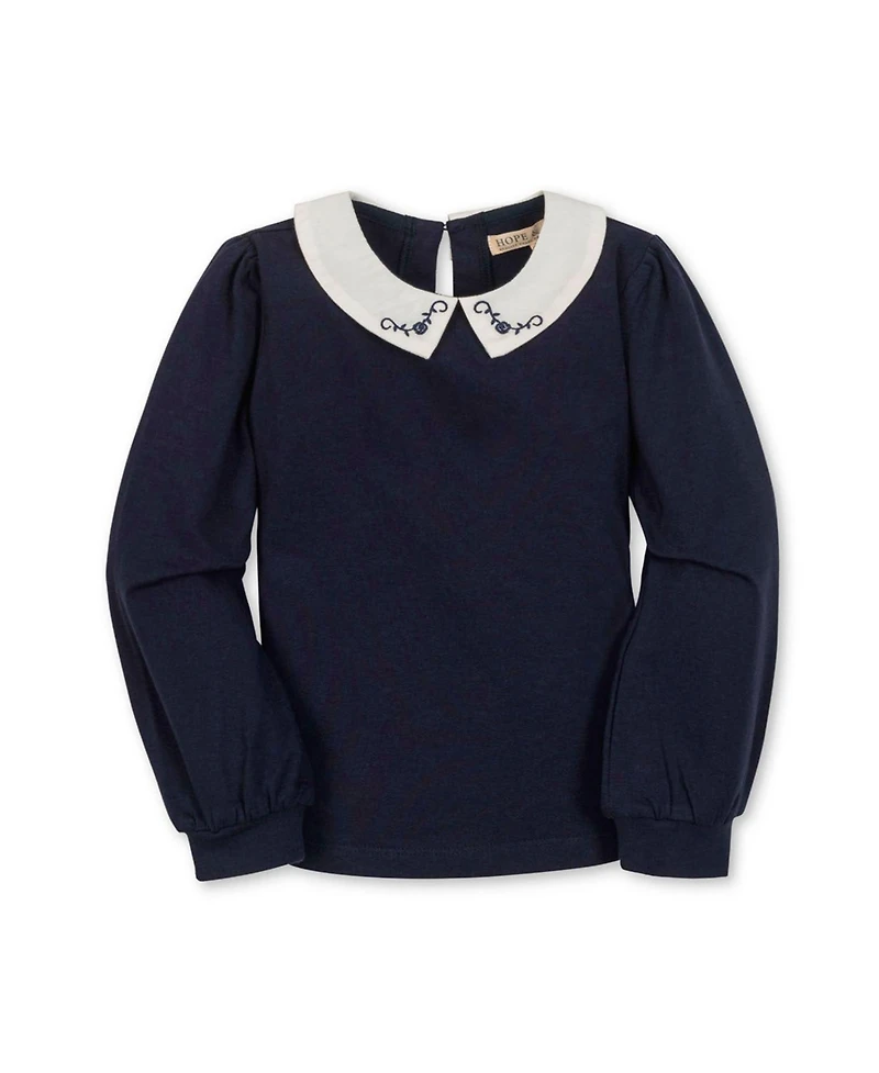 Hope & Henry Little and Big Girls' Organic Long Sleeve Knit Top with Woven Collar