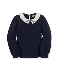 Hope & Henry Little and Big Girls' Organic Long Sleeve Knit Top with Woven Collar