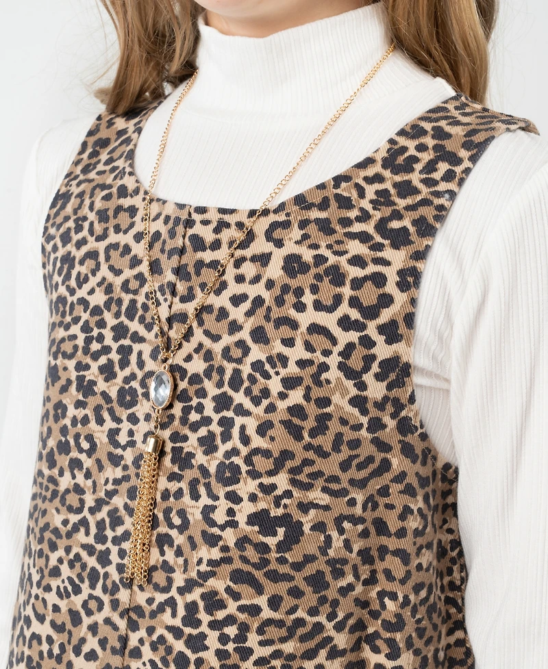 Rare Editions Big Girl 2-Piece Denim Animal Printed Dress over Ribbed T-Shirt with Necklace Set