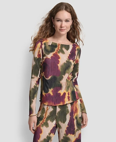 Dkny Women's Plisse Printed Long Sleeves Top
