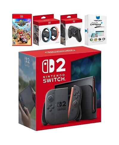 Nintendo Switch 2 Console with Mario Kart World, Pro Controller, Joy Con Wheel and MightySkins Code Bundle