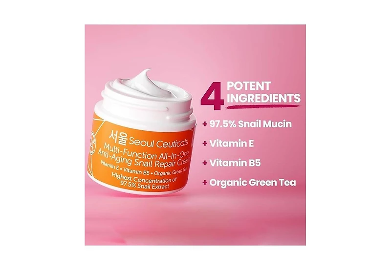 Seoul Ceuticals Korean Skin Care Multi-Function All-In-One Anti-Aging Snail Mucin Repair Cream 4 oz. K Beauty Skincare