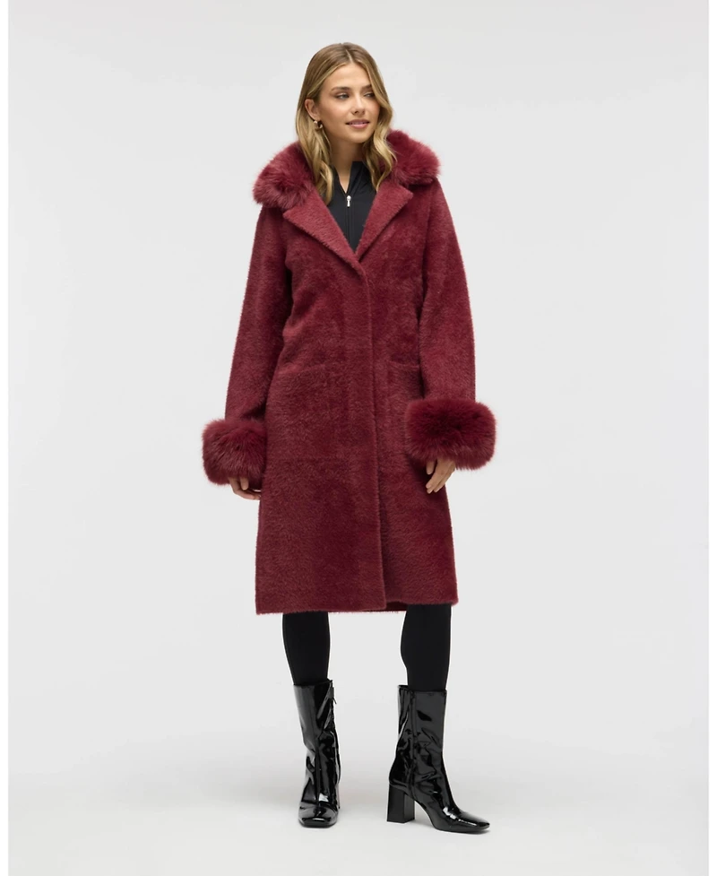 Nvlt Women's Longline Elegant Coatigan with Detachable Fur Collar and Cuffs