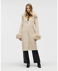 Nvlt Women's Longline Elegant Coatigan with Detachable Fur Collar and Cuffs