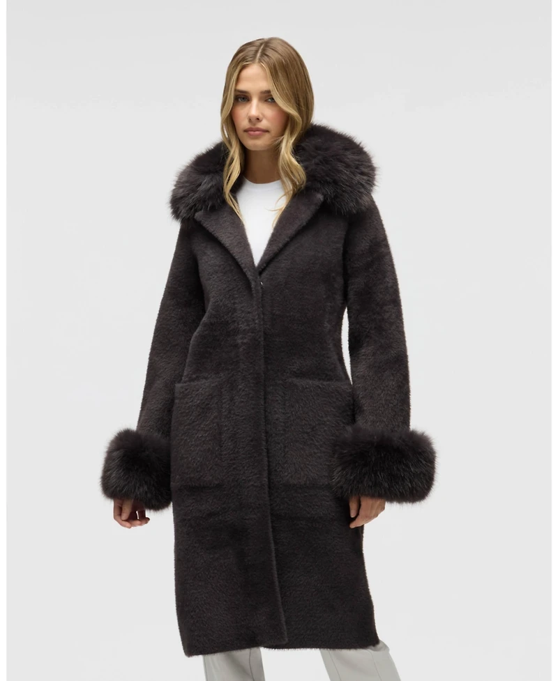 Nvlt Women's Longline Elegant Coatigan with Detachable Fur Collar and Cuffs