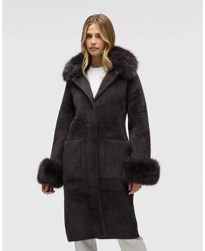 Nvlt Women's Longline Elegant Coatigan with Detachable Fur Collar and Cuffs