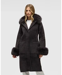Nvlt Women's Longline Elegant Coatigan with Detachable Fur Collar and Cuffs