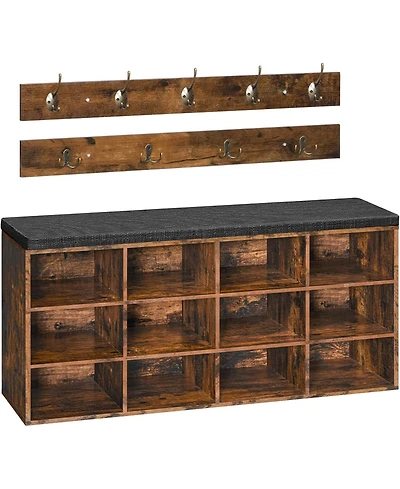 Shoe Storage Bench with Cushion, 39.4" L Entryway Bench with 12 Cubbies, Entryway Hall Tree with Storage, Shoe Cabinet with Coat Rack for Bedroom