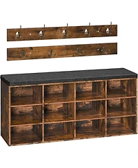Shoe Storage Bench with Cushion, 39.4" L Entryway Bench with 12 Cubbies, Entryway Hall Tree with Storage, Shoe Cabinet with Coat Rack for Bedroom