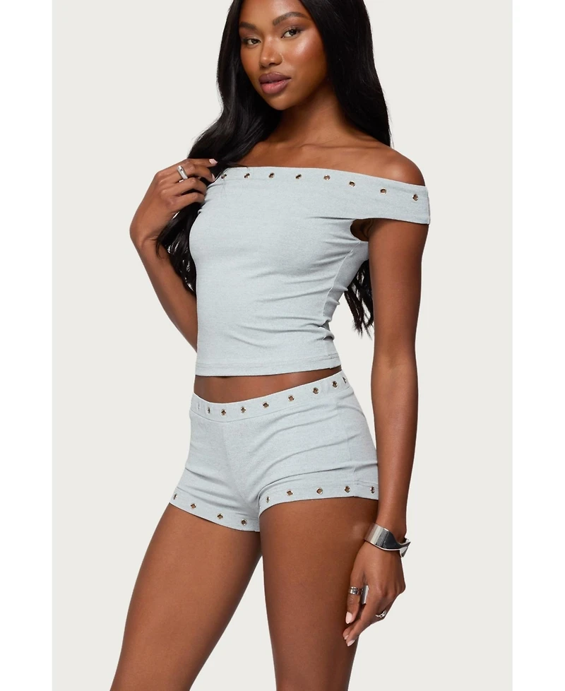 Edikted Womens Neriah Grommet Off Shoulder Top