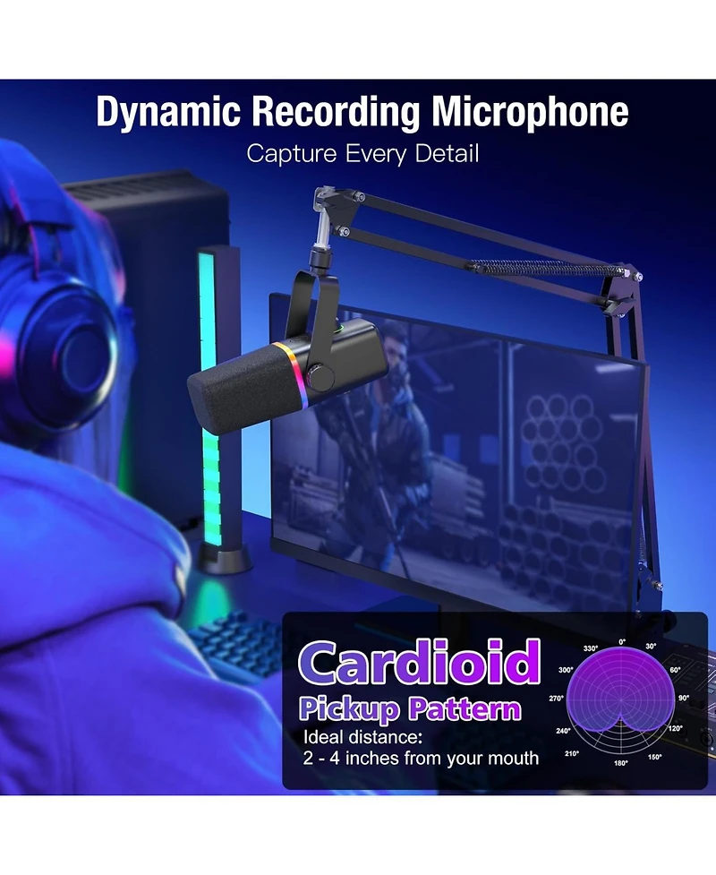 Xlr/Usb Dynamic Microphone for Gaming Podcast,Mic for iPhone Phone Pc Computer Gaming Streaming Microphone with Rgb Light,Mute Button,Mic Gain,Headpho