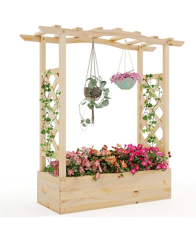 Gymax Wooden Raised Garden Bed w/ Trellis & Hanging Roof Planter Box Drainage System